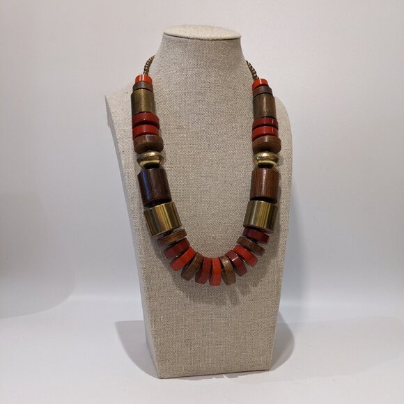 Vintage Chunky Wood Metal Brown Red Rust Bead Statement Necklace Boho Casual - Picture 2 of 4